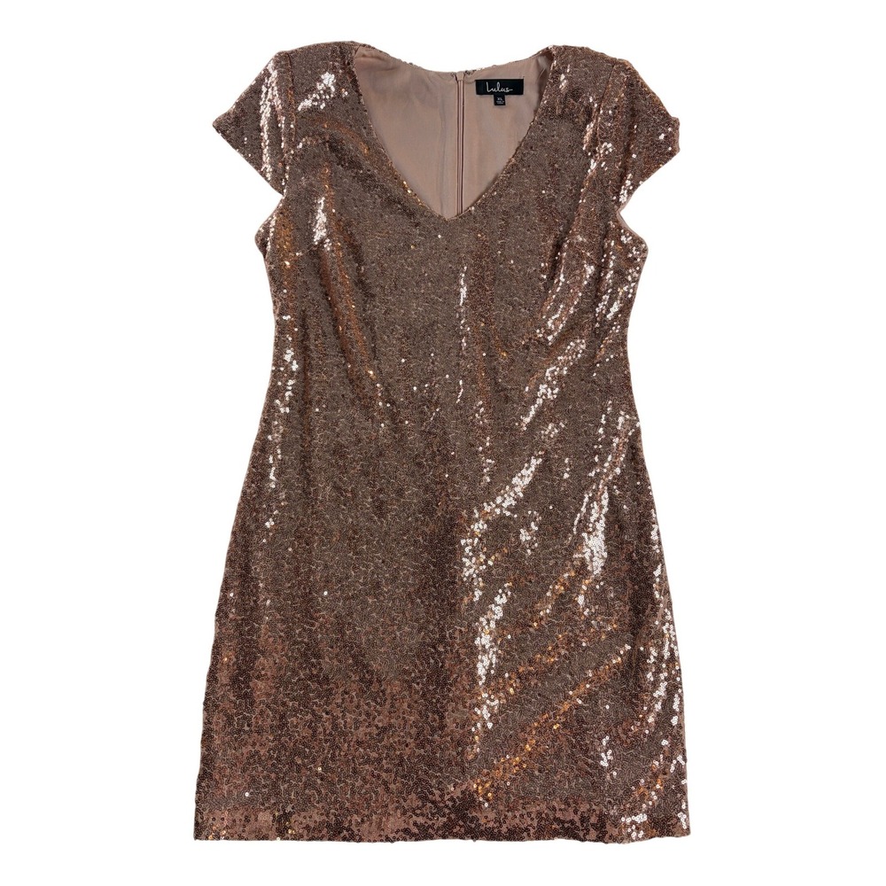 Lulus Rose Gold Sequin Cocktail Dress XL V-Neck Cap Sleeve Party Mini